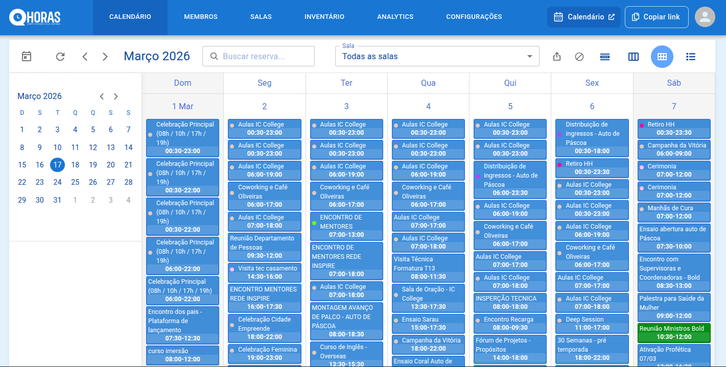 Calendário mensal de todas as salas no Qhoras